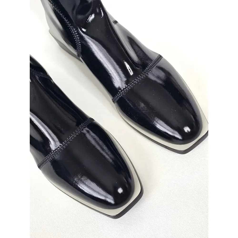 Fendi Glossy Neoprene F-Frame Ankle Boots Black 39.5 US 9.5 Square Toe